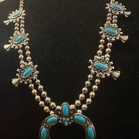 Southwestern Squash Blossom Necklace Turquoise Color Double Strand 28in - Picture 5 of 9